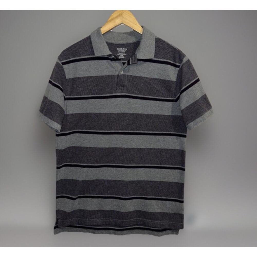 Merona Ultimate Polo Shirt Men’s M Classic Fit Gray Purple Heather Stripe Cotton